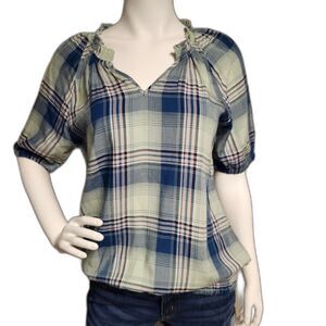 Sonoma Green Blue Plaid V-neck Elastic Band Waist Top Smocked Blouse